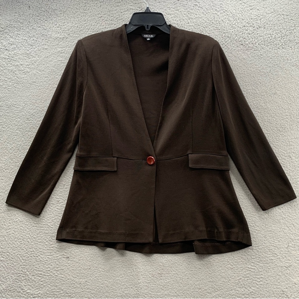 Misook Brown Single Button Deep V Neck Knit Stretch Blazer Jacket Pockets Size L